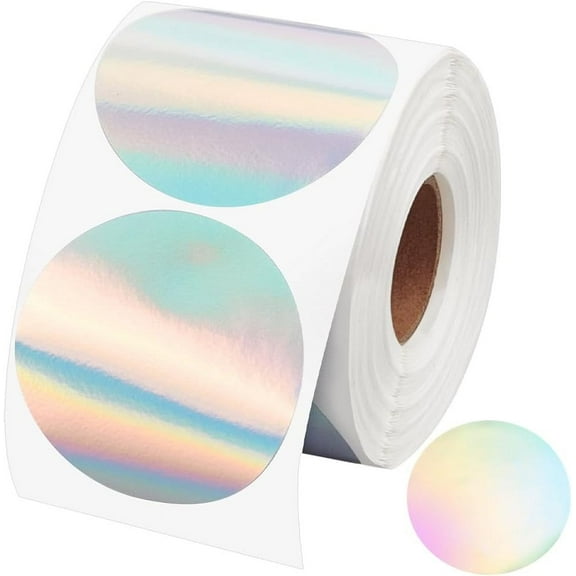 Round Dot Paper Holographic Thermal Printable Label Stickers Circle Rainbow Glitter Self-Adhesive Thermal Printer Labels for Gift Wrapping DIY Custom Logo Design Colorful 49mm 400pcs/roll