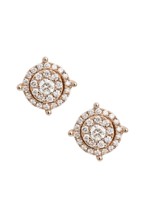 Round Double Halo Cluster Diamond Stud Unisex Adult Earrings 14K Rose Gold, 2.24 Gr - Goldum NYC