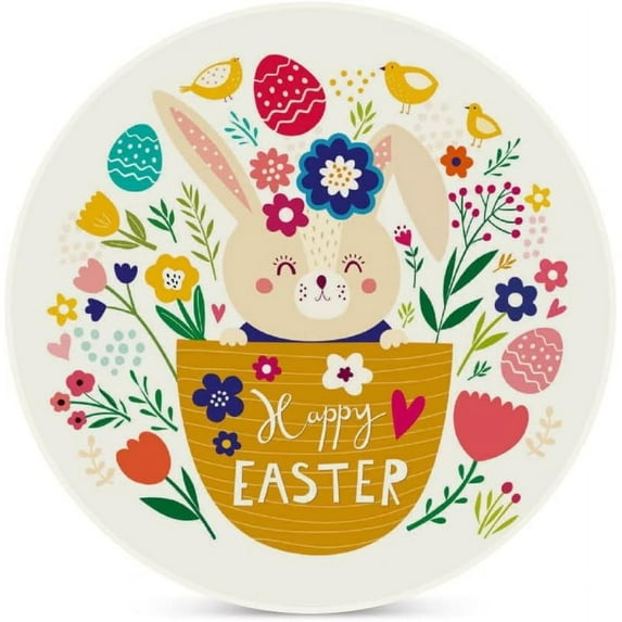 Round Drink Coasters, 1 Pcs Happy Easter Rabbit Flowers Absorbent Ceramic Coaster with Cork Base for Coffee Cups Housewarming Gift for Home Decor