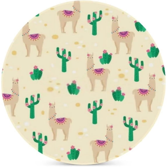 Round Drink Coasters 2 Pcs Llama and Cacti Absorbent Ceramic Coaster with Cork Base for Coffee Cups Housewarming Gift for Home Decor