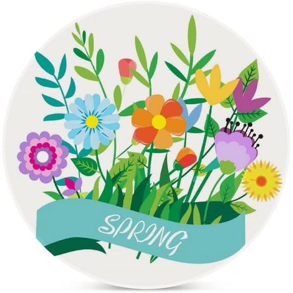 Round Drink Coasters 2 Pcs Spring Elements Flower Leaf Absorbent Ceramic Coaster with Cork Base for Coffee Cups Housewarming Gift for Home Decor