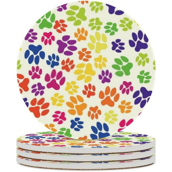 Round Drink Coasters, 4 Pcs Animal Footprints Absorbent Ceramic Coaster with Cork Base for Coffee Cups Housewarming Gift for Home Decor