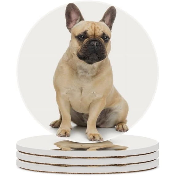Round Drink Coasters, 4 Pcs Beautiful French Bulldog Dog Absorbent Ceramic Coaster with Cork Base for Coffee Cups Housewarming Gift for Home Decor