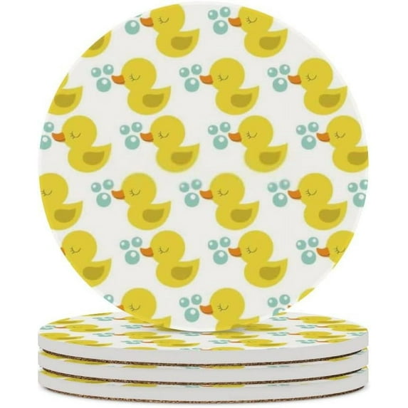 Round Drink Coasters, 4 Pcs Cute Duck Pattern Absorbent Ceramic Coaster with Cork Base for Coffee Cups Housewarming Gift for Home Decor
