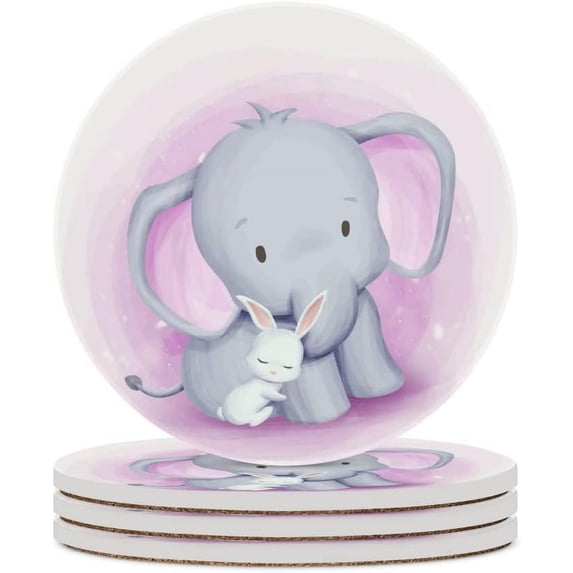 Round Drink Coasters, 4 Pcs Friendship Elephant and Rabbit Absorbent Ceramic Coaster with Cork Base for Coffee Cups Housewarming Gift for Home Decor