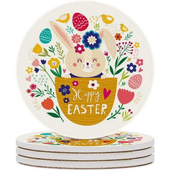 Round Drink Coasters, 4 Pcs Happy Easter Rabbit Flowers Absorbent Ceramic Coaster with Cork Base for Coffee Cups Housewarming Gift for Home Decor