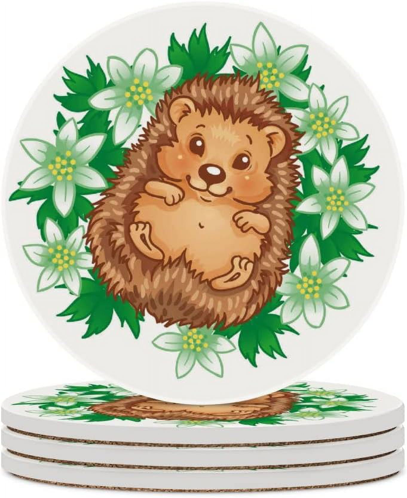 Round Drink Coasters, 4 Pcs Hedgehog Lying in The Spring Flowers ...