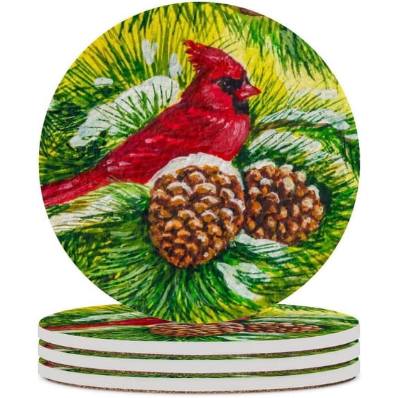 Round Drink Coasters, 4 Pcs Merry Christmas Cardinal Red Bird Absorbent Ceramic Coaster with Cork Base for Coffee Cups Housewarming Gift for Home Decor