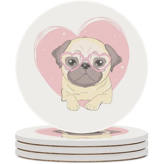 Round Drink Coasters, 4 Pcs Pug Dog Inside a Heart Absorbent Ceramic Coaster with Cork Base for Coffee Cups Housewarming Gift for Home Decor
