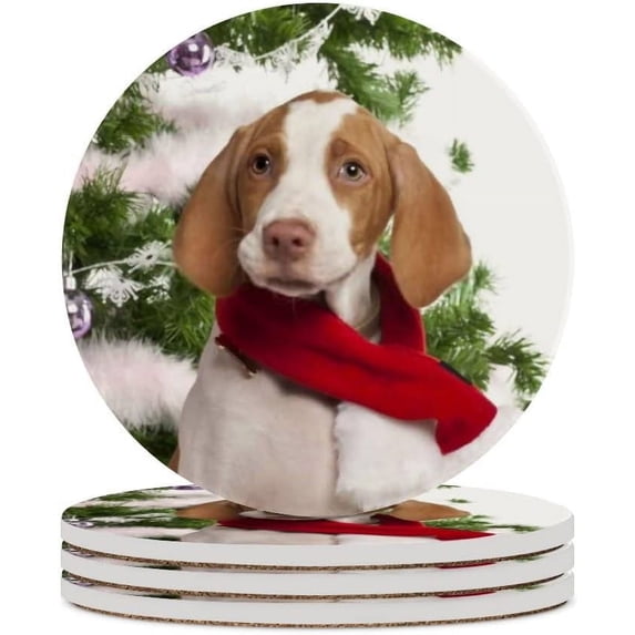 Round Drink Coasters, 6 Pcs Christmas Braque Saint Puppy Absorbent Ceramic Coaster with Cork Base for Coffee Cups Housewarming Gift for Home Decor