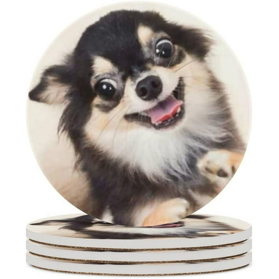 Round Drink Coasters, 6 Pcs Cute Happy Small Dog Absorbent Ceramic Coaster with Cork Base for Coffee Cups Housewarming Gift for Home Decor