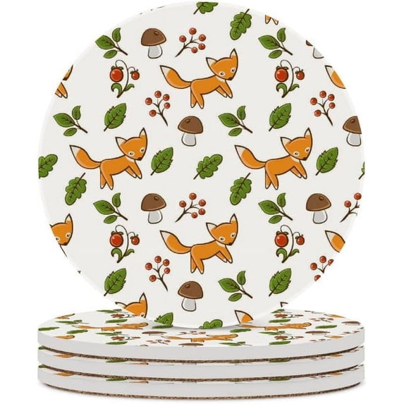 Round Drink Coasters, 6 Pcs Forest Fox Absorbent Ceramic Coaster with Cork Base for Coffee Cups Housewarming Gift for Home Decor