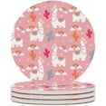thumbnail image 1 of Round Drink Coasters, 6 Pcs Llama and Cactus Rainbow on Pink Absorbent Ceramic Coaster with Cork Base for Coffee Cups Housewarming Gift for Home Decor, 1 of 5