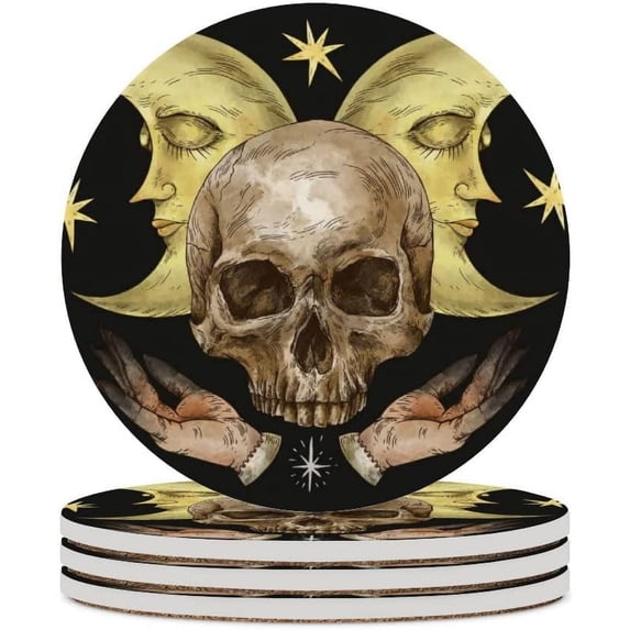 Round Drink Coasters, 6 Pcs Mystic Skull Vintage Halloween Moon Absorbent Ceramic Coaster with Cork Base for Coffee Cups Housewarming Gift for Home Decor