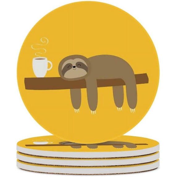 Round Drink Coasters, 6 Pcs Sloth Love Coffee Absorbent Ceramic Coaster with Cork Base for Coffee Cups Housewarming Gift for Home Decor