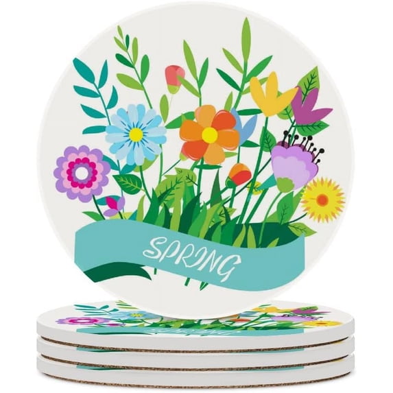 Round Drink Coasters, 6 Pcs Spring Elements Flower Leaf Absorbent Ceramic Coaster with Cork Base for Coffee Cups Housewarming Gift for Home Decor