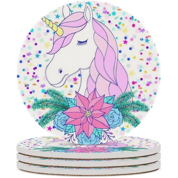 Round Drink Coasters, 6 Pcs Unicorn with Floral Wreath on Christmas Absorbent Ceramic Coaster with Cork Base for Coffee Cups Housewarming Gift for Home Decor
