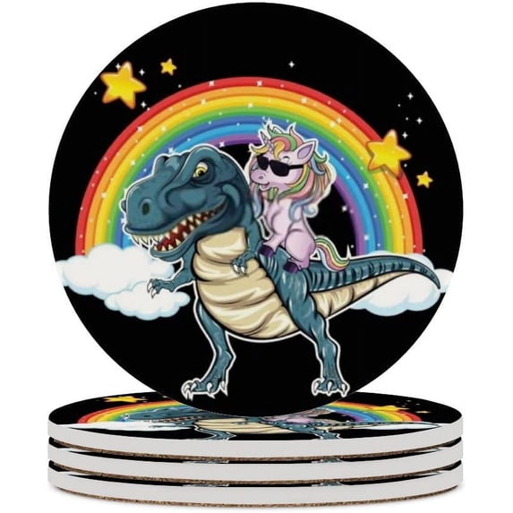 Round Drink Coasters, 6 Pcs Unicorn Riding Dinosaur Absorbent Ceramic Coaster with Cork Base for Coffee Cups Housewarming Gift for Home Decor