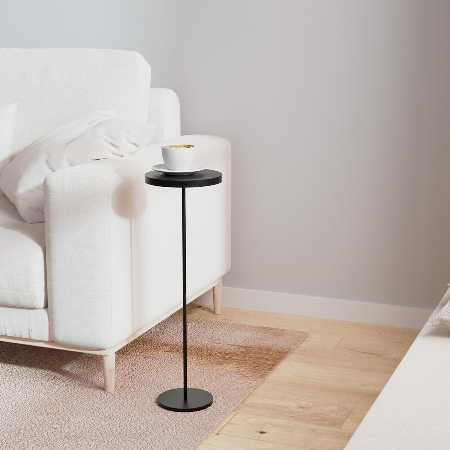 Slim Pedestal Side Table With Real Wood Top – Compact Drink Table For Small Spaces In Living Room Or Bedroom