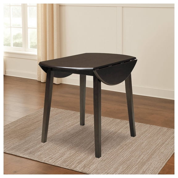 Round Drop Leaf Dining Table, Dark Brown Wood, Compact Space-Saving, Seats 4