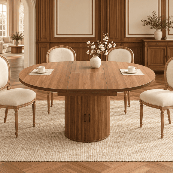Round Drop Leaf Extendable Dining Table 43"-59", Modern Farmhouse Pedestal Base with Storage, Walnut Wood Grain Finish, Seats 4-8, Ideal for Kitchen & Living Room