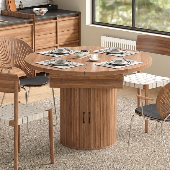 Round Drop Leaf Extendable Dining Table 43"-59", Modern Farmhouse Pedestal Base with Storage, Walnut Wood Grain Finish, Seats 4-8, Ideal for Kitchen & Living Room