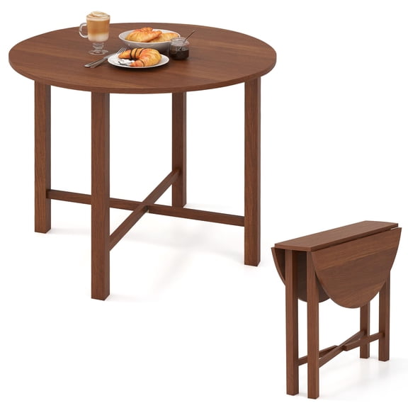 Round Drop Leaf Folding Dining Table Walnut Finish 36 Inch