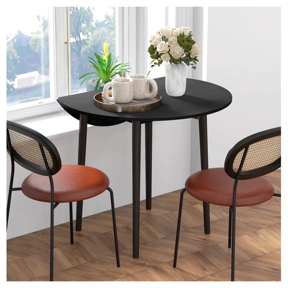 Round Drop Leaf Kitchen Table, Folding Dining Table for Small Spaces, Black Wood Legs, 35 Inch, Space Saving