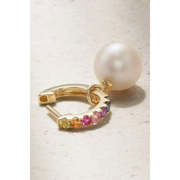 Round Drop Pearl and Lab-Created Multi-Sapphire Huggie Earrings in 925 Sterling Silver - Dangling Pearl Hoops for Bridal and Everyday Elegance