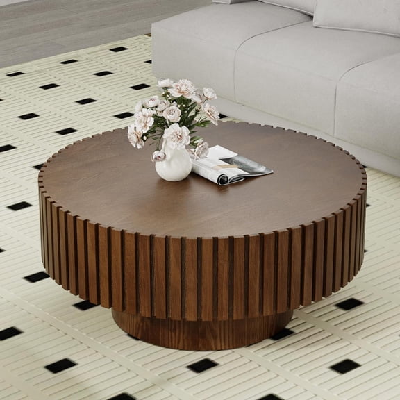 Round Drum Coffee Table Handcrafted Fluted Coffee Table Modern Farmhouse Wood Center Table with Solid Wood Relief Sturdy Pedestal for Living Room Apartment Bedroom (31.5" Brown Round)
