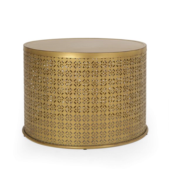 Round Drum Coffee Table With Laser Cut Pattern, Standard, 25.5 In