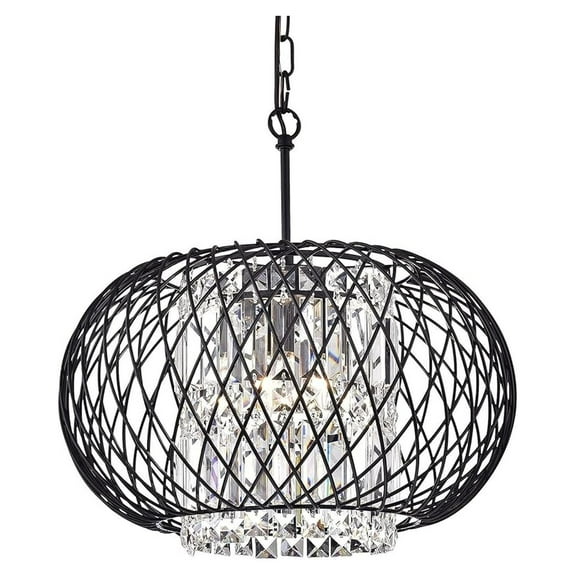 Round Drum Crystal Chandelier, 3 Lights Glam Lighting Fixture with Antique Black Finish, Rectangular Crystals and Woven Shade, Entryway, Living, Dining, Bedroom