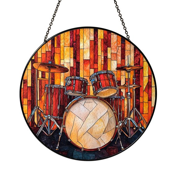 Round Drum Stained Glass Window Suncatcher, Percussion Instrument Design for Creative Music Inspired Home Accent