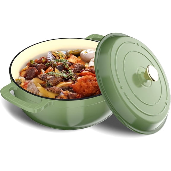 Round Dutch Oven, Enameled Cast Iron Dutch Oven Pot with Lid & Dual Handles, Oven Safe Up to 500 °   F, for Sourdough, Bread Baking, Stews and Roasting, Green