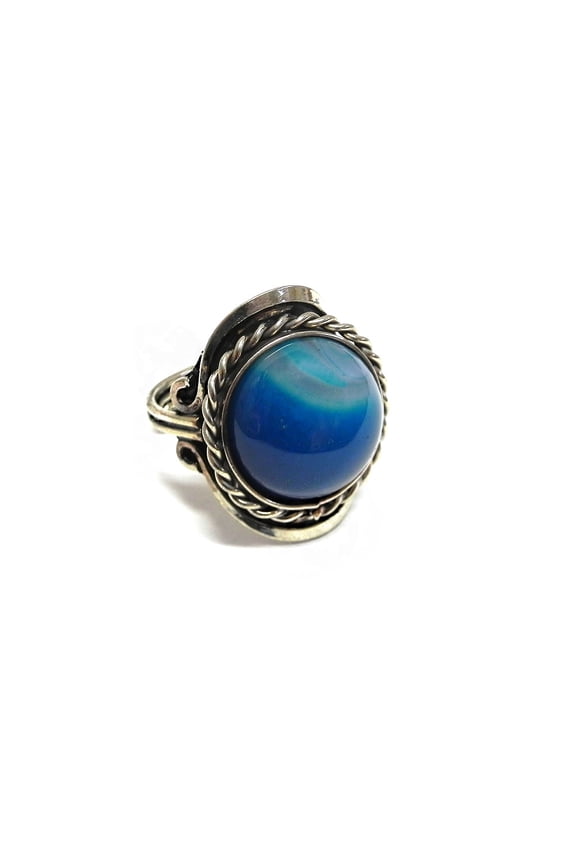 Round Dyed Banded Agate Healing Gemstone Crystal Marble Cabochon Silver Metal Border Adjustable Ring - Womens Fashion Handmade Jewelry Boho Accessories