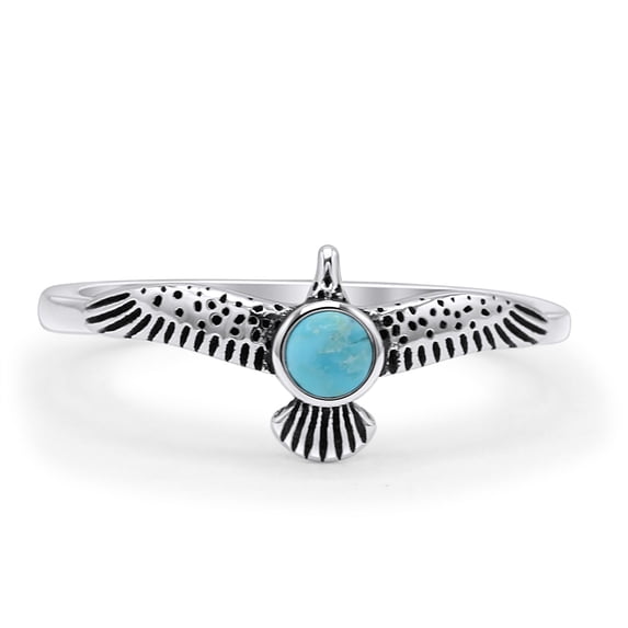 Round Eagle Oxidized Ring Turquoise 925 Sterling Silver Size 7