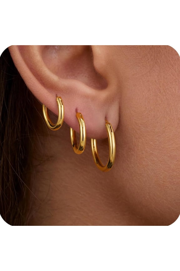 Thick Gold Plated Chunky Small Hollow Tube Hoops Earrings Set for Women Hypoallergenic Lightweight Jewelry Birthday Gift for Women 13/15/20/25/30/40mm