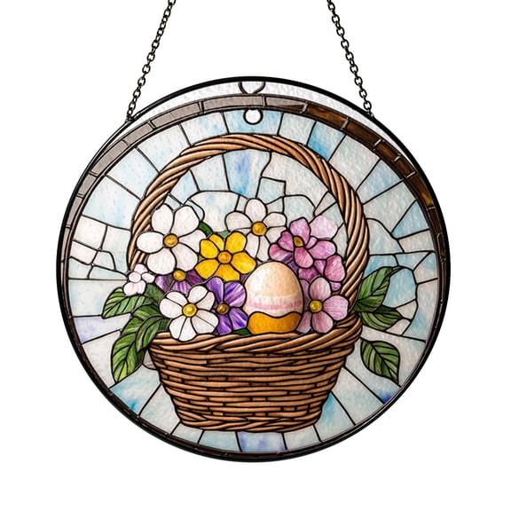 Round Easter Basket Floral Glass Suncatcher Window Decor, Bright Spring Scene Ornament Gift for Home