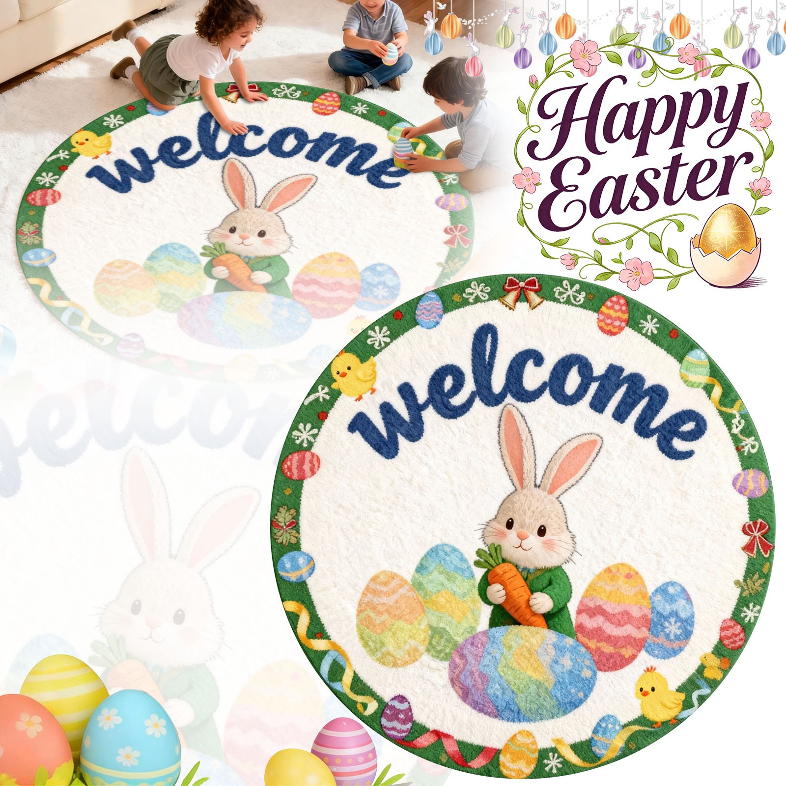 Round Easter Rug Round Easter Bunny Shaped Welcome Mat 2026 Easter Absorbent And Wear ...