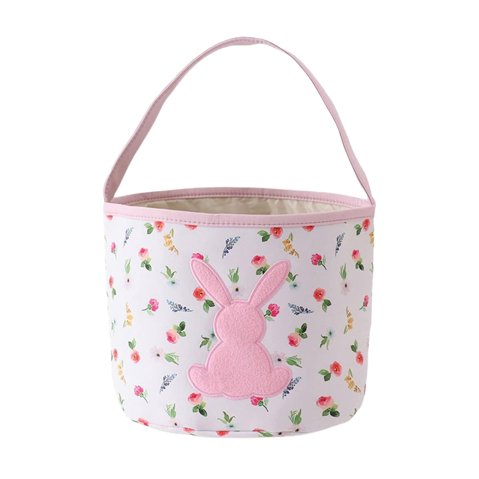 Round Easter Bunny Silhouette Basket Bag Spring Flowers Rabbits Pattern Egg Hunt Gift Basket with Handle Bucket Tote Bag Basket Fillers Stuffers for Garden Party Favors Kids Boy Girl Celebration(A)