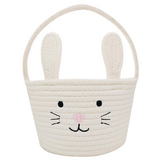 Round Easter Storage Basket With Rustic Cotton Handle Sturdy Carry Container For Egg Hunting Picnic Household Storage