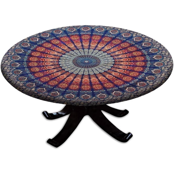 Round Elastic Edge Fitted Table Cover, Oriental Style Floral Pattern Polyester Washable Table Cover, for Outdoor Picnic Camping and Indoor Kitchen Dining Party, Fit for 44" Table
