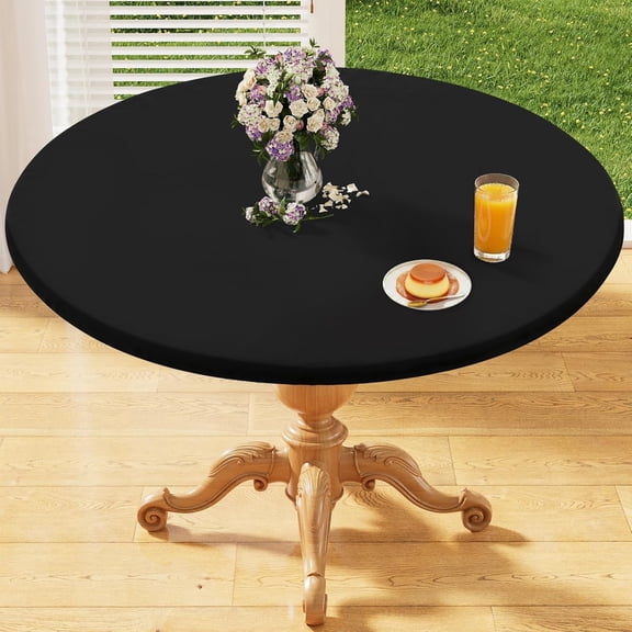 Round Elastic Fitted Tablecloth, Water-Resistant Fabric Tablecloths for 36"-44" Tables, Washable Polyester Table Cover for Picnic, Caming, Dinner, Indoor & Outdoor, Black