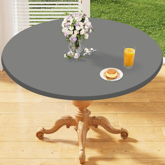 Round Elastic Fitted Tablecloth, Water-Resistant Fabric Tablecloths for 36"-44" Tables, Washable Polyester Table Cover for Picnic, Caming, Dinner, Indoor & Outdoor, Grey
