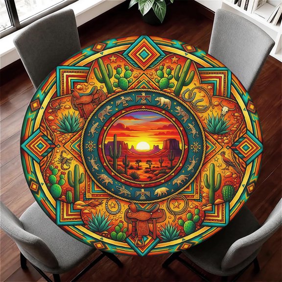 Round Elastic Fitted Tablecloth, Waterproof Southwest Western Desert Cactus Cowboy Mandala Table Cover with Full Elastic Edge, Fits 36"-44" Diameter Round Tables, Indoor Outdoor Table Protector for P