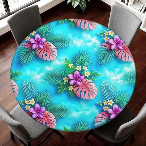Round Elastic Fitted Tablecloth, Waterproof Tropical Plumeria Monstera Palm Leaf Sky Background Table Cover with Full Elastic Edge, Fits 36"-44" Diameter Round Tables, Indoor Outdoor Table Protector