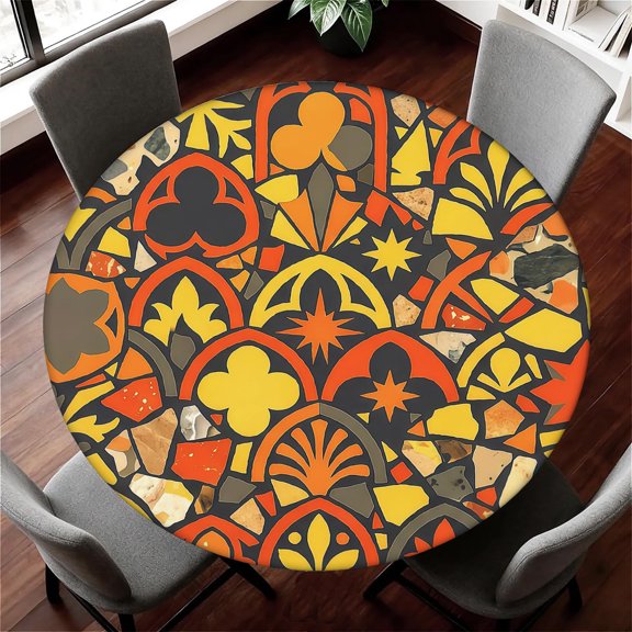 Round Elastic Fitted Tablecloth, Waterproof Vintage Gothic Stained Glass Mosaic Floral Geometric Table Cover with Full Elastic Edge, Fits 36"-44" Diameter Round Tables, Indoor Outdoor Table Protector
