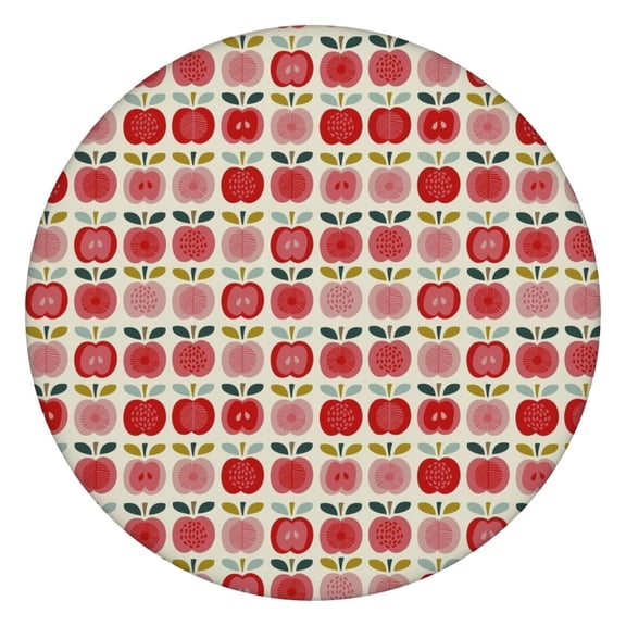 Round Elastic Tablecloth with Cute Apple Print - Waterproof, Windproof, Fitted Table Cover with Elastic Edge for Outdoor Picnic, Dining (Red/Green Cartoon Fruit Design, Wipeable & Scratch-Resistant)