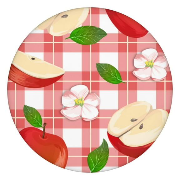 Round Elastic Tablecloth with Cute Apple Print - Waterproof, Windproof, Fitted Table Cover with Elastic Edge for Outdoor Picnic, Dining (Red/Green Cartoon Fruit Design, Wipeable & Scratch-Resistant)