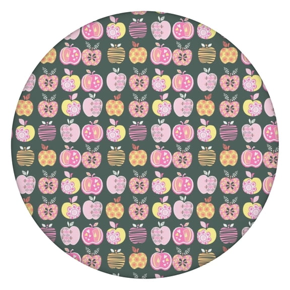 Round Elastic Tablecloth with Cute Apple Print - Waterproof, Windproof, Fitted Table Cover with Elastic Edge for Outdoor Picnic, Dining (Red/Green Cartoon Fruit Design, Wipeable & Scratch-Resistant)